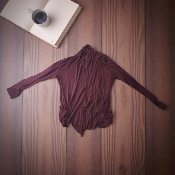 Active Basic Wine Burgundy Drape Cardigan – Lightweight Open Front Sweater M - Picture 4 of 8